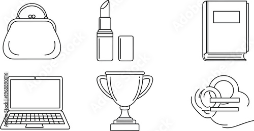 A collection of line art icons representing various everyday objects and symbols