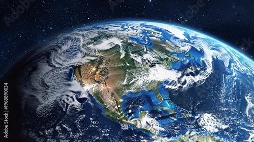 Earth from space with illuminated North America and starry background