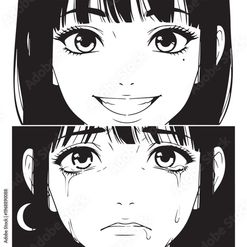 Anime girl faces, manga expressions, smiling and crying, emotive illustrations, black and white