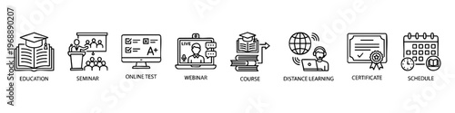 Set of Education and Online Learning Icons. Line art vector icons featuring webinar, seminar, distance learning, certificate, online test, course schedule, and graduation symbols.