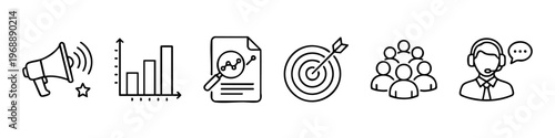 Set of business line icons featuring marketing megaphone, growth bar chart, data analysis report, target goal, teamwork group, and customer service support agent representative.