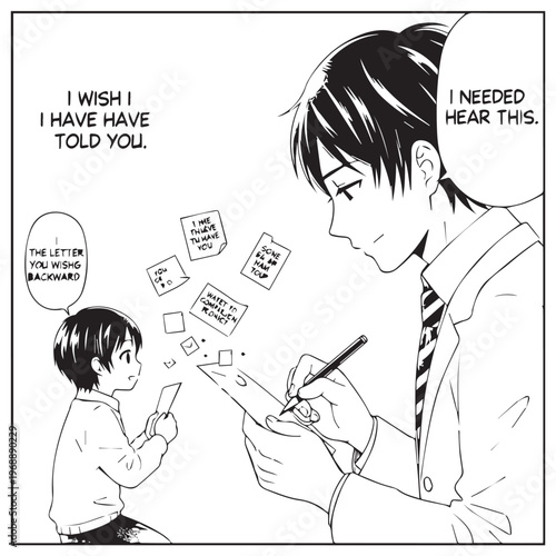 Black and white manga comic strip, emotional conversation between child and adult, letter writing, regret and reflection