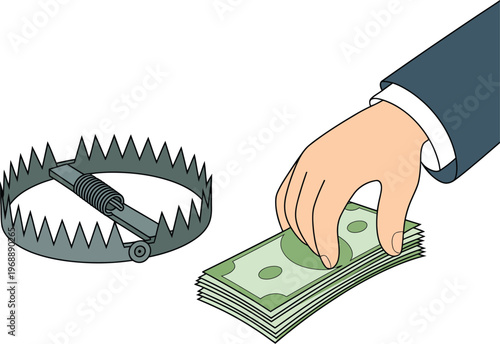 Money trap illustration, human hand reaching for dollar bait in metal bear trap showing risk, greed, and financial danger concept.