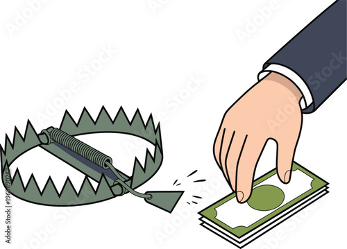 Money danger concept illustration, hand grabbing dollar bait in metal bear trap representing financial risk, greed, and caution.
