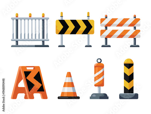 Road construction safety barriers illustration set, traffic cones warning barricades and highway caution signs for roadwork safety equipment design.