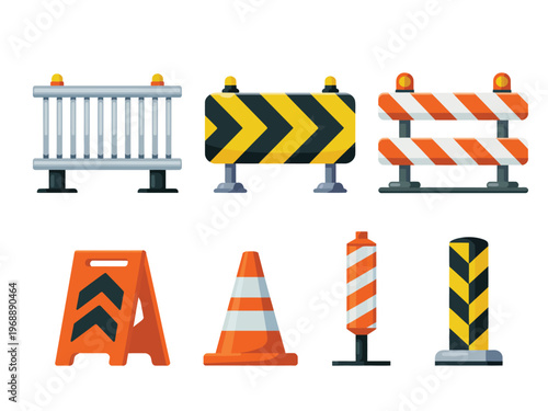 Construction safety barriers illustration, traffic cones warning barricades and highway signs for roadwork safety equipment and hazard prevention.