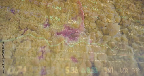 Animation of graphs with changing numbers over closeup of baked pastry item
