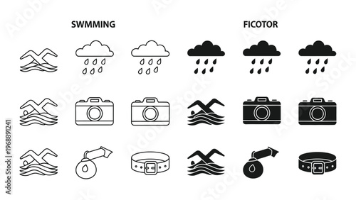 Comparison of swimming and photography icons with varying weather and equipment styles