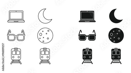 Contrasting icons of tech, fashion, and transit in light and dark modes