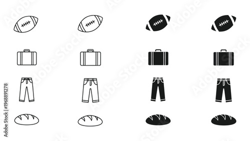 Variations in icon designs of sports equipment, luggage, clothing, and bread