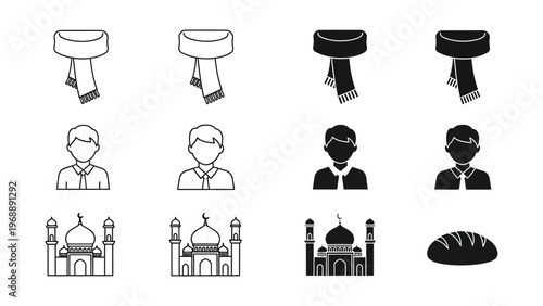 Diverse cultural headwear, attire, and architectural symbols with bread icon