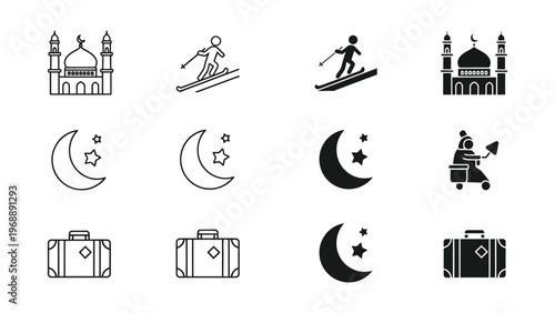 Iconic symbols representing travel, adventure, and cultural heritage through winter sports and landmarks