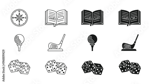 Antique icons representing navigation, knowledge, golf, and chance