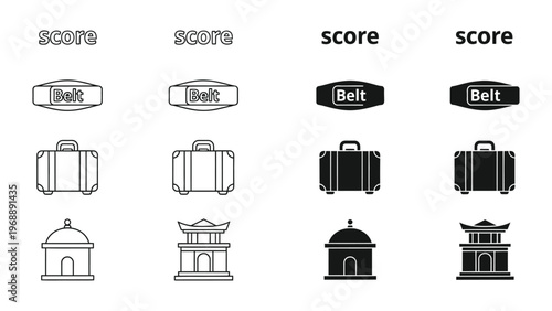 Visual comparison of object matching and scoring with a belt, suitcase, and building icons