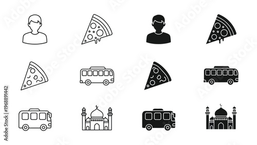 Contrast of icons depicting cultural and culinary preferences with transportation elements
