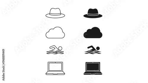 Contrast between filled and unfilled icons of daily life and technology symbols