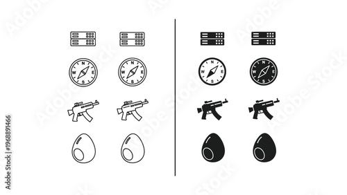 Comparison of icons depicting communication devices, compasses, firearms, and grenades