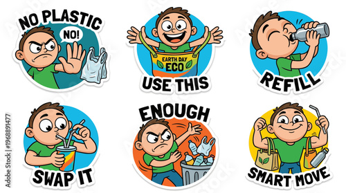 Reduce plastic cartoon sticker set flat vector featuring zero waste lifestyle with reusable bags refill water bottle swap straws enough single use plastic and smart move eco friendly choice pack
