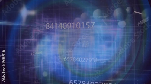 Opening numeric string fading initiating grid rotating with nodes floating data visualizing network