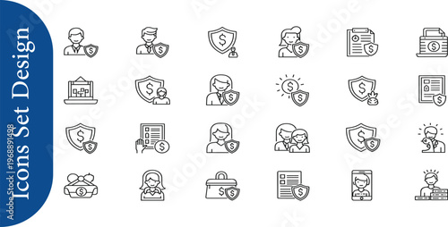 Modern vector line icons for comprehensive financial protection, business and personal insurance, wealth management, and secure client services. Essential graphics for diverse financial solutions