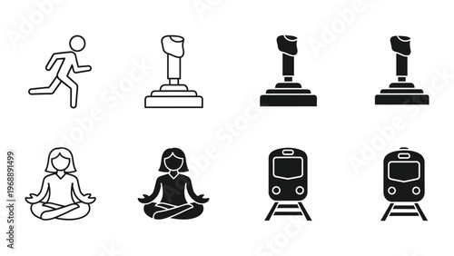 Contrasting icons of movement, surveillance, and meditation with transportation