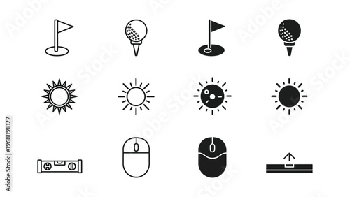 Various icons representing sports, weather, technology, and navigation symbols