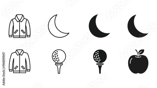 Collection of icons featuring clothing, sports, and celestial symbols with an apple