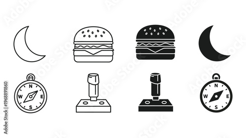 Contrasting icons of food, navigation, and nighttime elements