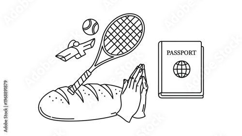 Athletic foot holding tennis racket and passport symbolizing travel and sports