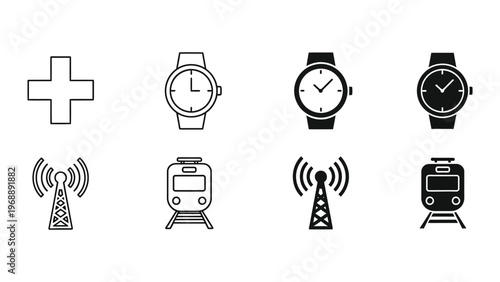 Icons representing connectivity and timekeeping devices in modern technology