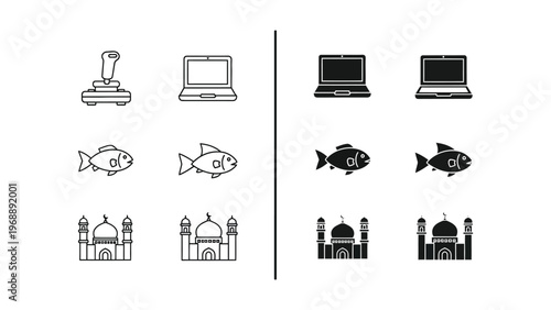 Comparison of icons with and without filled details in black and white