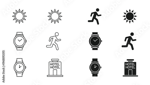 Daily activities and time management illustrated with icons and wristwatches