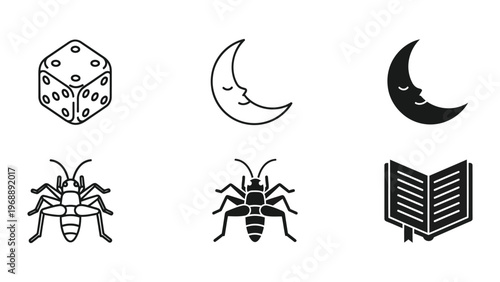 Mystical symbols featuring dice, moons, insects, and an open book