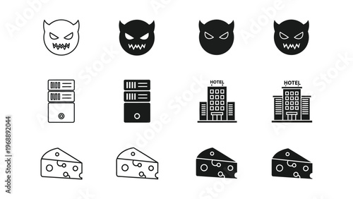 Mysterious icons featuring cats, servers, hotels, and cheese with eerie variations