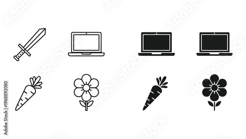 Contrasting icons of modern technology and nature elements in black and white