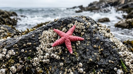 A pink starfish on a dark New England rock covered in white barnacles, striking coastal macro composition with strong texture contrast, photorealistic marine detail, ultra-detailed, 8K,no logos
