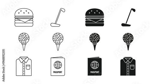 Contrasting icons of food, sports, and travel essentials in black and white