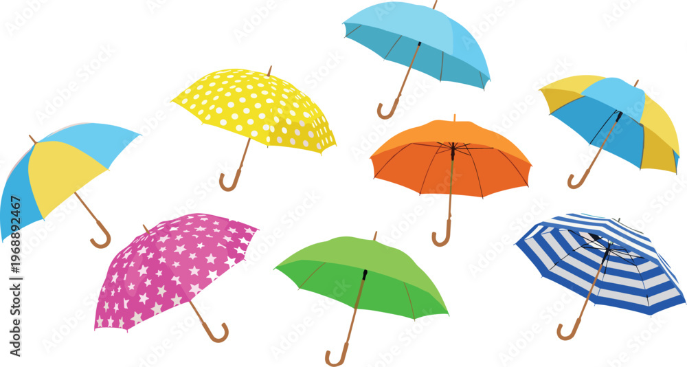 Obraz premium Colorful Umbrella Set with Various Fun Patterns and Bright Shades, Perfect for Summer, Rain, and Outdoor Fun