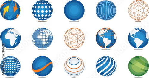 Geometric and Modern Globe Set with Different World Map Designs, Vector Illustration for Technology, Global Network, and Geography Themes