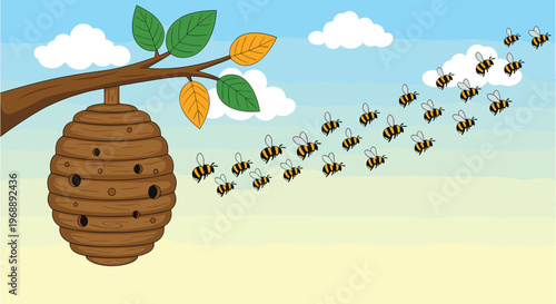 Bee Hive with Bees Flying in a Bright Sky, Vector Illustration of Nature, Insects, and Wildlife
