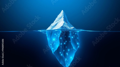 A glowing blue iceberg with stars shining through its underwater part