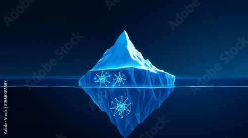A glowing blue iceberg with network connections underneath the surface of the water