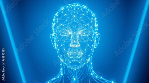 A futuristic digital illustration of a human face with glowing blue lines and dots on a dark blue background
