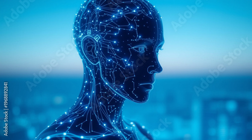 A futuristic illustration of a human head with a network of glowing blue lines and dots on a cityscape background