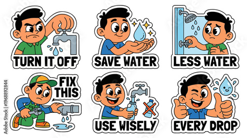 Save water cartoon sticker set flat vector featuring water conservation tips turn it off fix leaking pipes less water in shower use wisely and every drop counts for environmental awareness pack