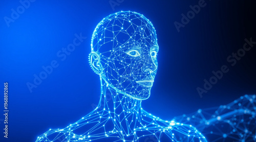 A futuristic blue wireframe illustration of a human head and shoulders against a dark blue background