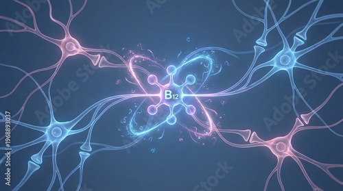 Vitamin B12 boosting neural connections and central nervous system health, a conceptual illustration showing cellular energy and brain function support