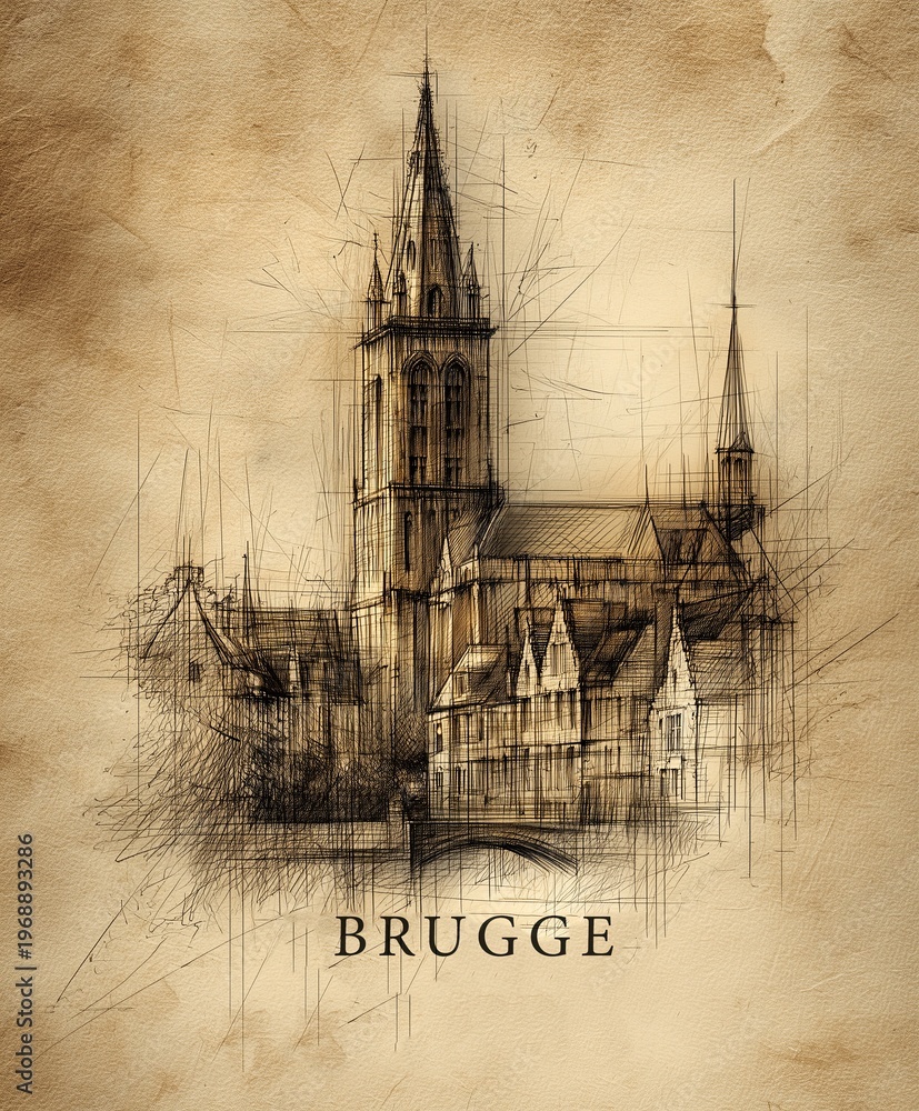 Naklejka premium This sepia sketch depicts the historic skyline of Brugge with a tall church spire rising above traditional buildings. The city name is printed clearly at the bottom of the vintage style artwork.