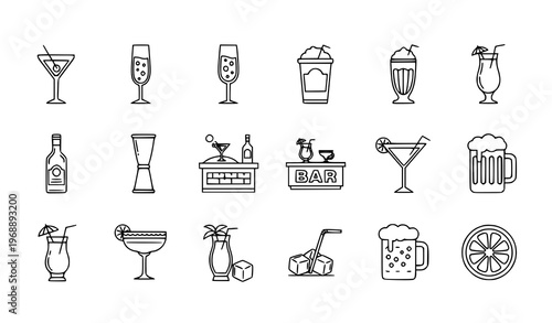 Doodle style cocktail and beverage outline icon collection with creative bar and drink elements vector set