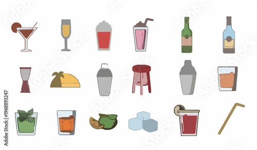 Hand drawn cocktail and beverage outline icons with rounded line style for bar and drink menu vector set